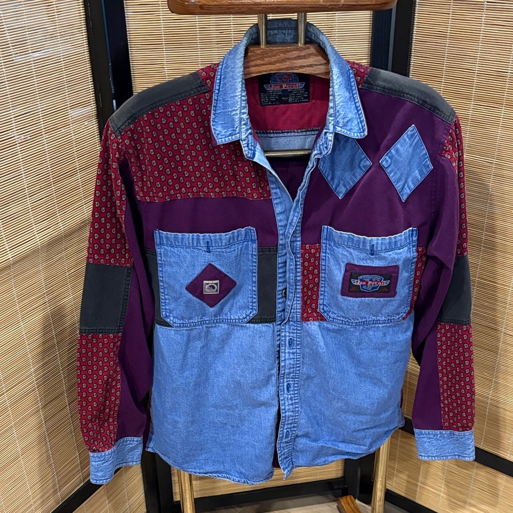 Vintage Patchwork Denim & Burgundy Button-Up Shirt